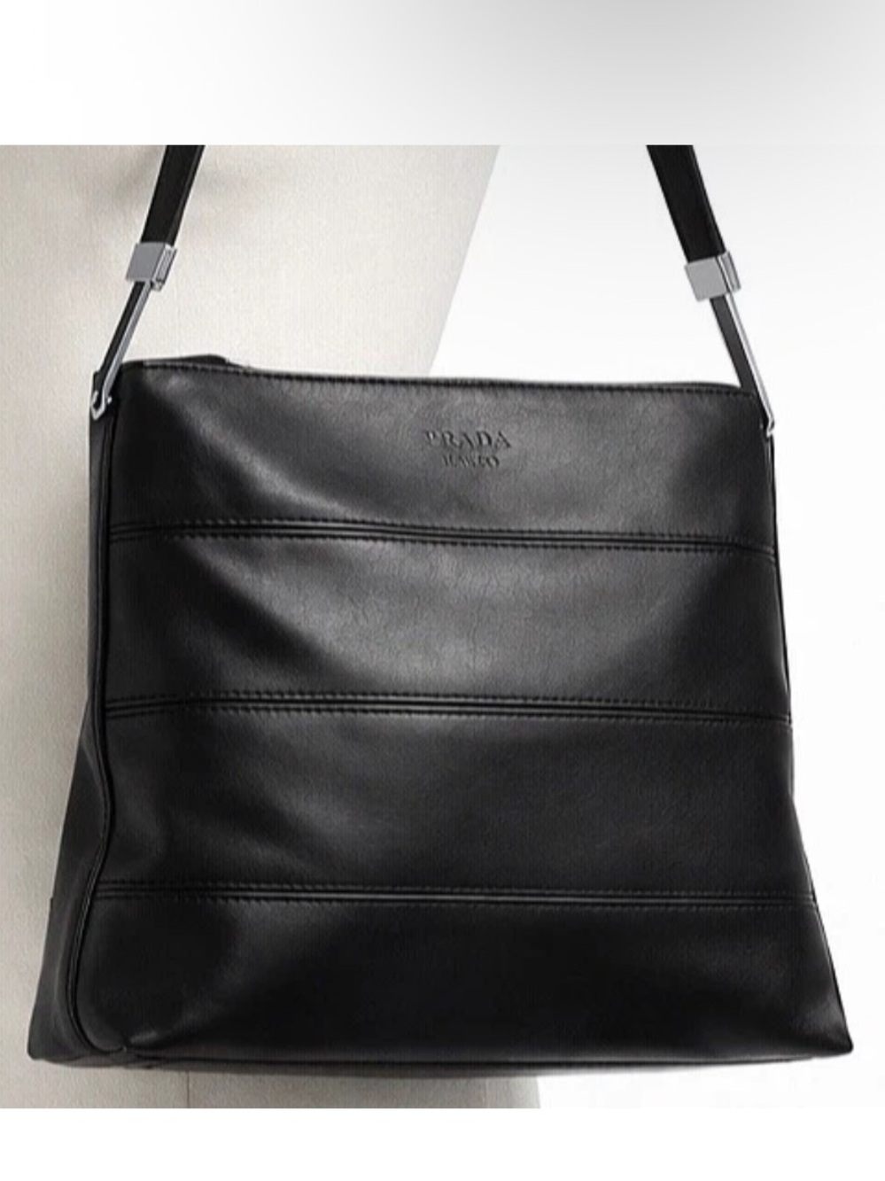 Prada Vitello Leather Shoulder Bag Black Minimalist Y2K Italy Silver HW